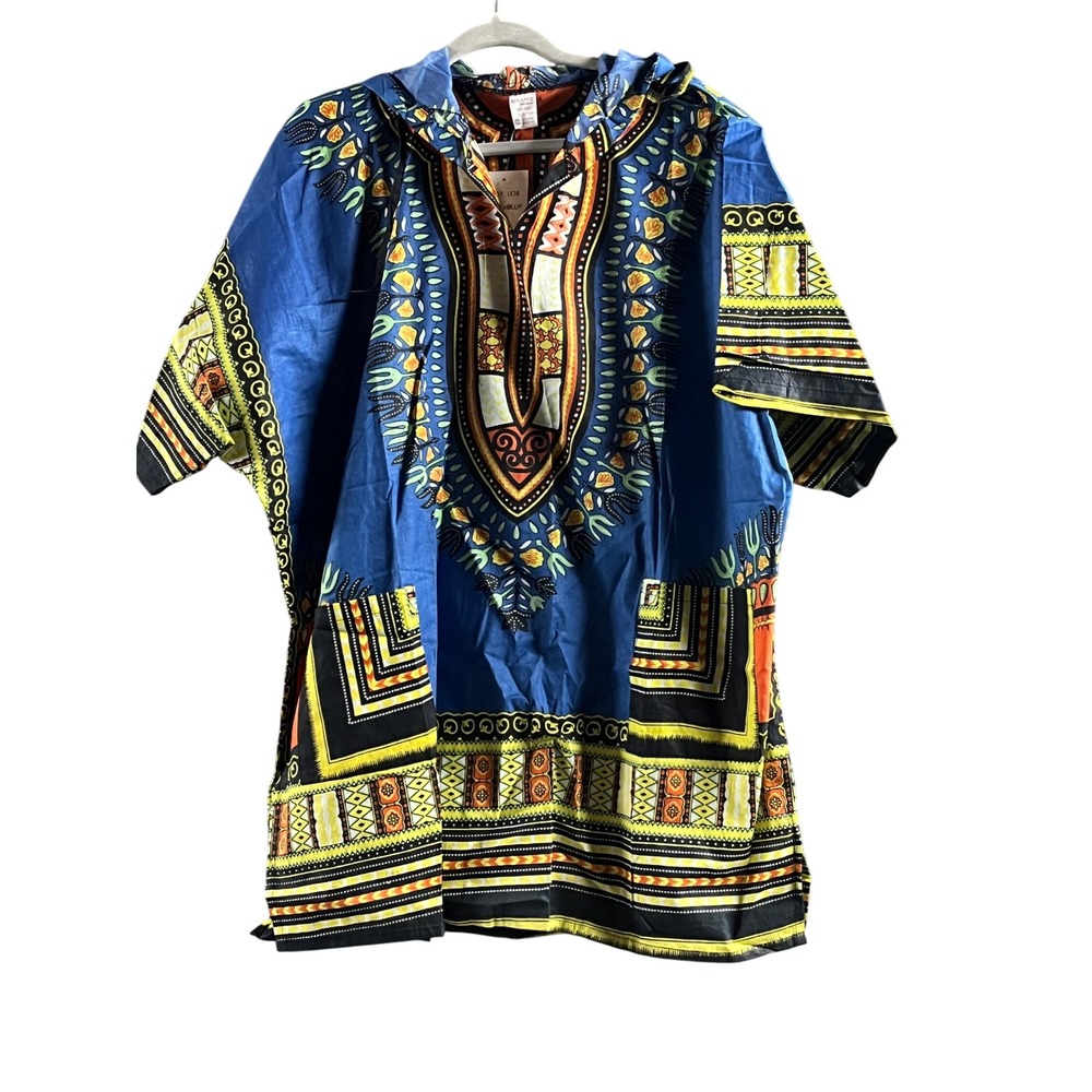 Advance Apparel Blue African Print Dashiki Hooded Shirt Free Size